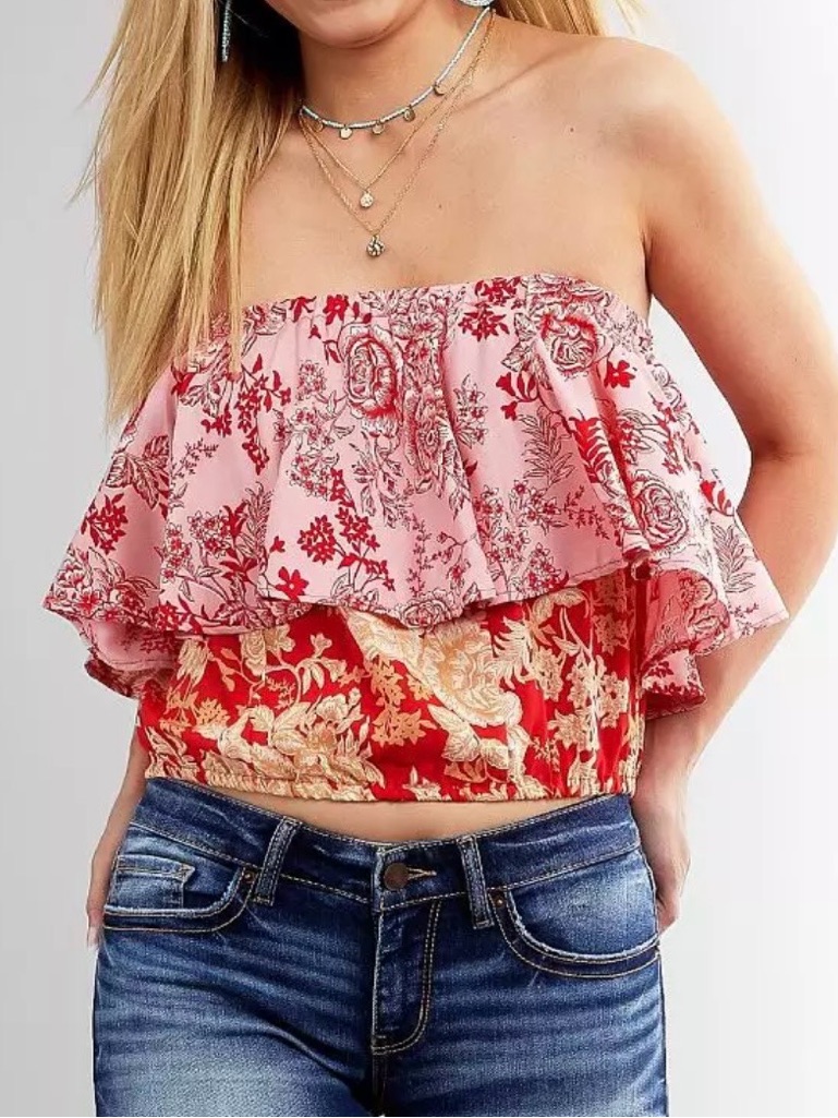 Willow + Root Floral Ruffle Tube Top Boho Red Pink Rose Strapless Smocked L Euc